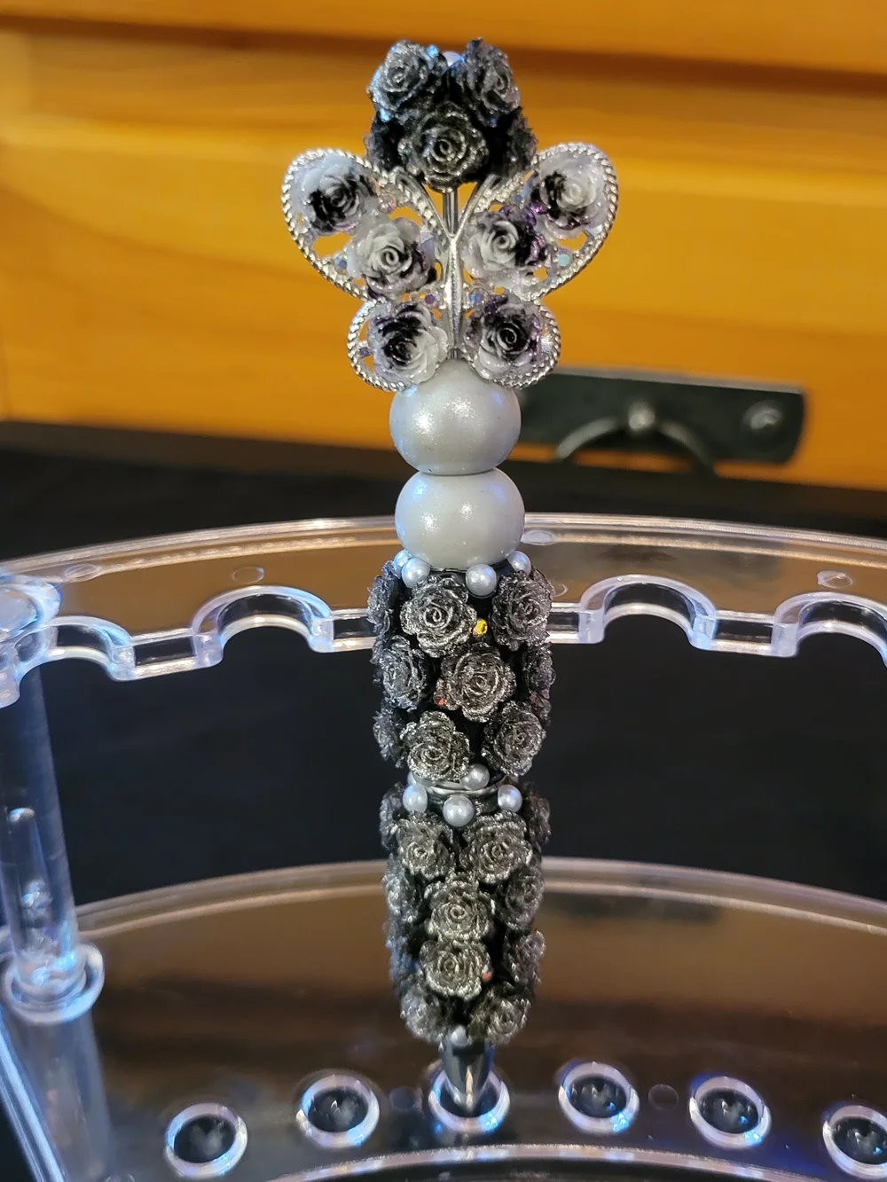 Handmade Black and Silver Rose Bead Pen